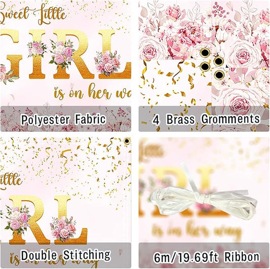 A Sweet Little Girl is on Her Way Backdrop 10x6.5FT – Pink Floral Baby Shower Banner with 19.68FT Ribbon, Double-Stitched Edges & 4 Brass Grommets, Reusable Girl Party Decorations & Photo Booth Props