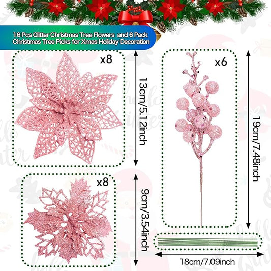22-Piece Christmas Poinsettia Artificial Flower and Glitter Berries Kit with Tree Ornaments and Picks for Holiday Decor