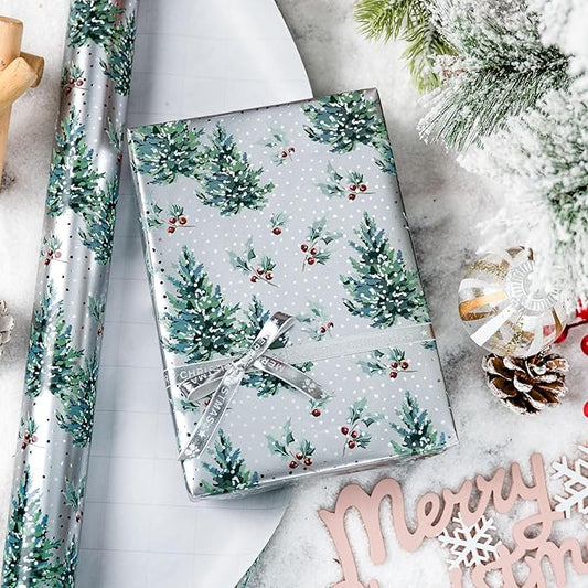 MAYPLUSS Christmas Wrapping Paper Roll - 17 Inch X 33 Feet - Metallic Gift Wrapping Paper Christmas Tree Holly Reversible Red for Holiday Party New Year Kids