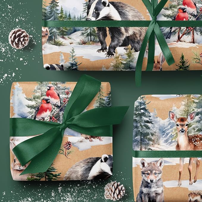 WRAPAHOLIC Kraft Christmas Wrapping Paper - Mini Roll - 17 Inch x 33 Feet - Wild Animals Winterfall Watercolor Design for Christmas, Holiday, Party Celebration