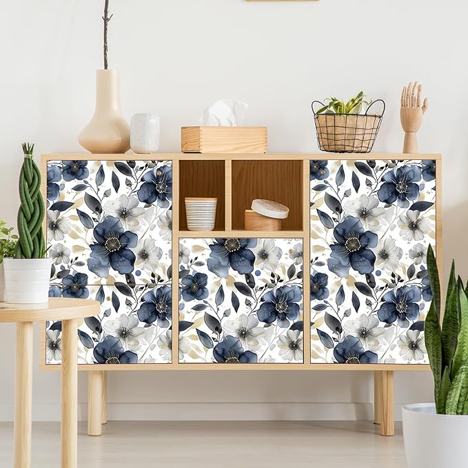 Floral Peel and Stick Wallpaper - Vintage Dark Blue/Gray Flower Removable Boho Wallpaper for Bedroom Bathroom - Renter Friendly Contact Paper - 17.71'x118.1'