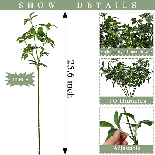 Artificial Flower Stems Bundle, White and Green, for Indoor Outdoor Home Decor (10, Green Leaf)