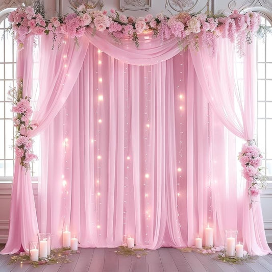 10ft x 10ft Pink Backdrop Curtain with Lights String for Parties, Sheer Tulle Wedding Photo Backdrops Drapes for Baby Shower Birthday Party Decorations Background for Photography