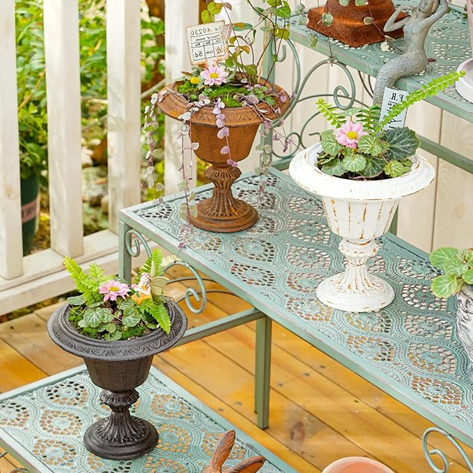 Sungmor Cast Iron Tabletop Flower Vase, Vintage Pretty French Urn Planter Design, 7" Tall 6.6" Wide Decorative Centerpieces Flower Stand Plants Holder, Artificial Flower Arrangements Home Decor