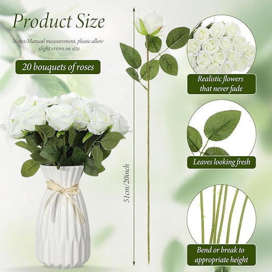 Hotop 20 Pcs Artificial Rose Flowers with Long Stem,Real Touch Silk Realistic Plastic Bouquet Roses Bulk for Home Decor Bridal Wedding Party Table Centerpieces Decorations(White)
