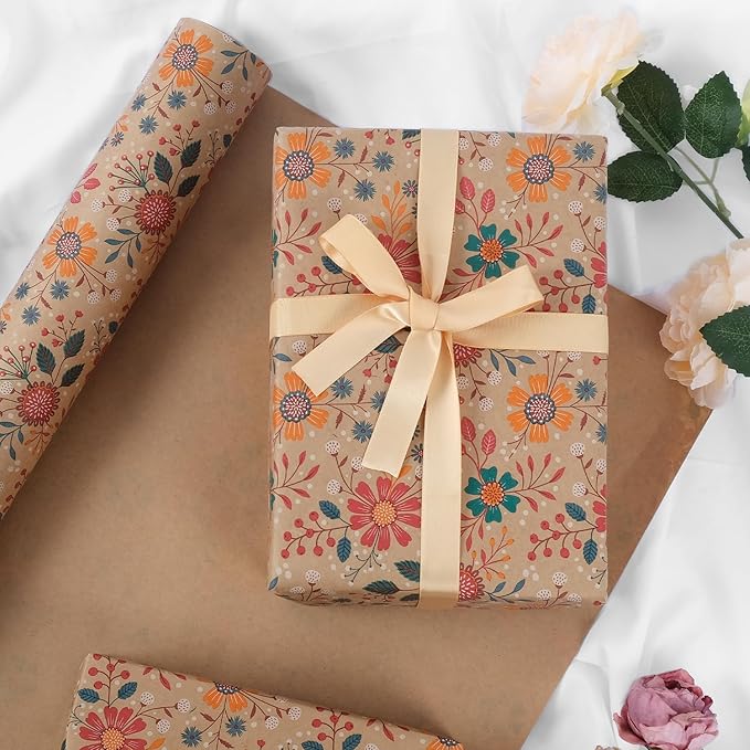 Aimyoo Kraft Floral Wrapping Paper Roll - Mini Roll - 17 Inch x 16.4 Feet - All Occasion Vintage Flower Gift Wrap Paper for Mother's Day Wedding Birthday Bridal Shower