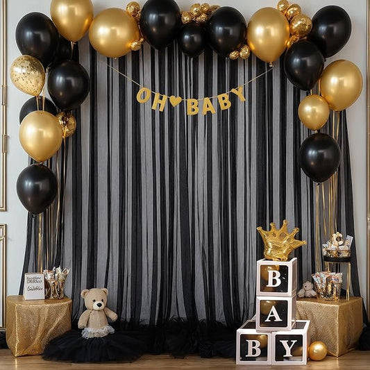 Black Tulle Backdrop Curtain for Parties 10ft x 8ft Black Sheer Photo Backdrop Curtains Drapes for Birthday Party Baby Shower Wedding Decorations