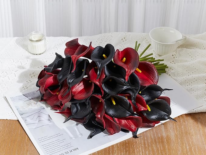 24 Pcs Artificial Calla Lily Flowers Fake Silk Flowers Real Touch for Halloween Wedding Bouquet Office Home Kitchen Decor (Black Red)
