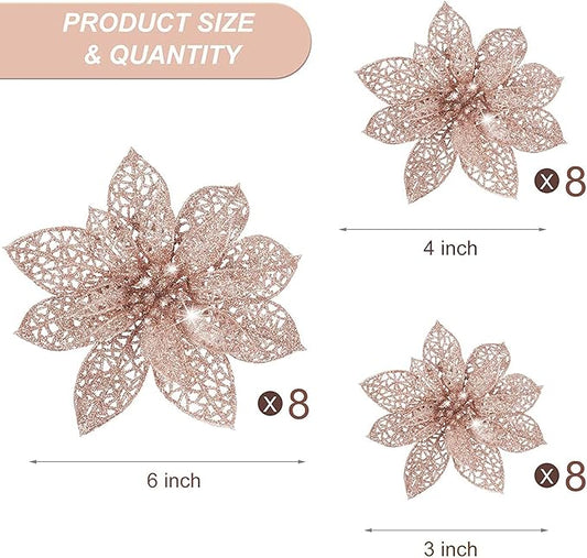 Boao Rose Gold 24 Pieces Poinsettia Flower Christmas Glitter Artificial Poinsettia with Clips Christmas Tree Ornament Decorations for DIY Xmas Wreath Holiday Home Party Decor, 3/4/6 Inches