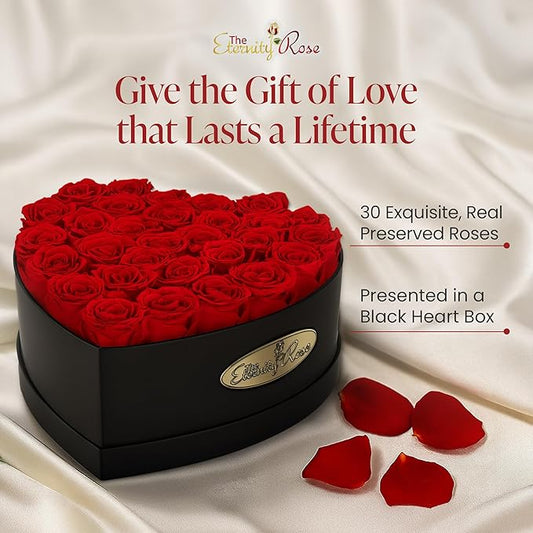 The Eternity Rose 30-Piece Preserved Roses in a Luxury Gift Box – Real Roses in Heart Black Box – A Valentine’s Gift as Everlasting as Your Love