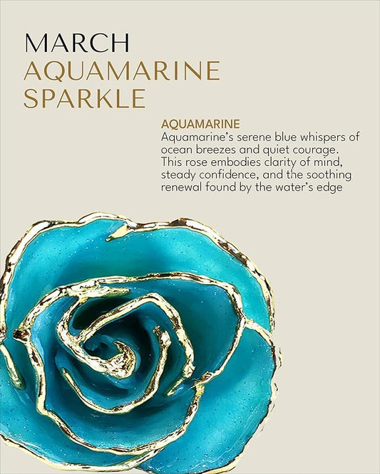 Forever Rose Hand-Dipped in 24K Gold, Aquamarine-Inspired March Birthstone with Sparkles, Real Rose in Luxury Gold Gift Box – Perfect Ready to Gift for March Birthday or Any Occasion