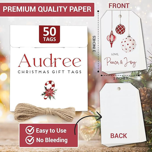 AUDREE 50 Pcs Christmas Gift Tags with String - Elegant Red & White Holiday Tags - Christmas Name Tags for Gifts - Hanging Labels Decoration Xmas Winter Holiday Present DIY Crafts