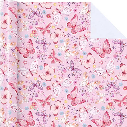 WRAPAHOLIC Pink Butterfly Wrapping Paper Roll - Mini Roll - 17 Inch x 33 Feet - Fantasy Floral Butterfly Design, Perfect for Birthday, Wedding, Bridal Shower