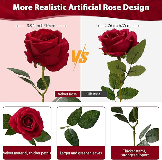 Red Roses Artificial Flowers Bulk, 32Pcs Fake Roses Artificial Velvet Roses with Stems, DIY Silk Flowers Roses Bouquet, Realistic Faux Artificial Roses for Mother's Day Home Table Decor