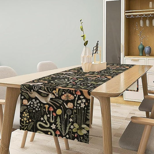 Farmhouse Forest Table Runner, Fairy Tale Woodland Wild Animals Moths Owl Snake Flowers Mushroom Kitchen Dining Table Runners for Indoor Outdoor Home Party Holiday Decor, 13x70inch