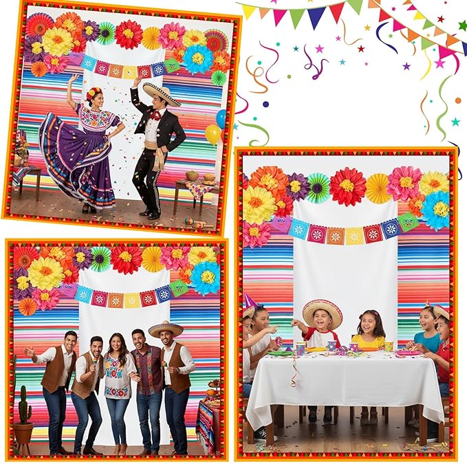 17 Pieces Mexican Party Decorations Set Mexican Paper Flowers Fiesta Ruffled Streamer Backdrop Papel Picado Banner Mexico Party Decorations for Hispanic Heritage Month , Cinco De Mayo Decor