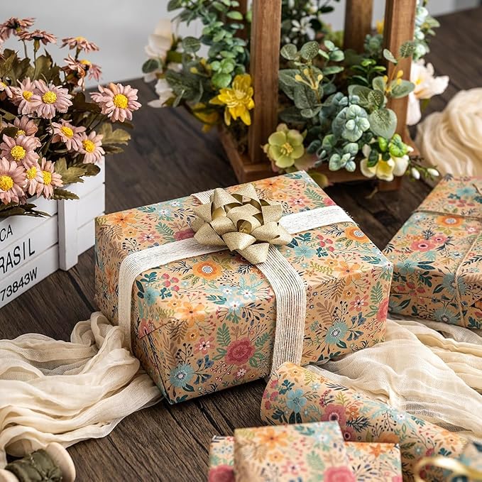 MAYPLUSS Colorful Floral Kraft Wrapping Paper Roll - 17Inch x 16.5Feet - Garden Boho Flower Gift Wrap Paper Spring Summer Blooms Sheet for Wedding, Bridal Shower, Birthday and Engagement