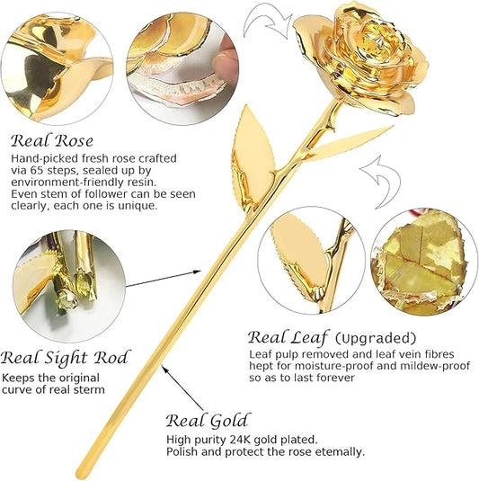 Sinvitron Gold Dipped Rose Real 24K Gold Rose, Hand Dipped One of a Kind Golden Roses, Romantic Gifts for Women on Birthday, Anniversary, Mother’s Day (Golden)