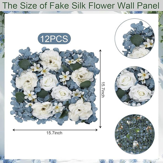 Pack of 12 Artificial Silk Flower Panels, Faux Floral Wall Background for Wedding Party Engagement Bridal Shower Arrangement Home Decorations - Dusty Blue & White