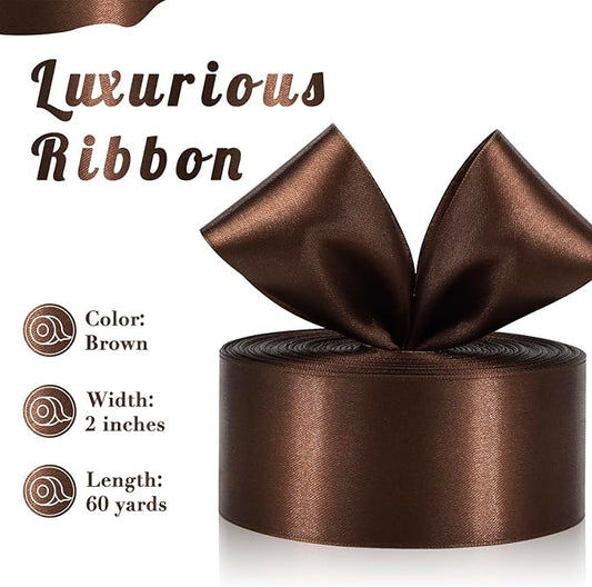 Brown Satin Ribbon 2 Inch 60 Yards, Brown Ribbons for Flower Bouquet, Wedding, Crafts, Gift Wrapping, Baby Shower, Christmas, Easter, Halloween