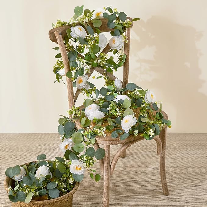 4 Pack Artificial Eucalyptus Flower Garland with White Roses, Faux Floral Greenery Garland Fake Flower Vines for Wedding Party Centerpiece Table Runner Arch Party Backdrop Decor (4PCS, White)