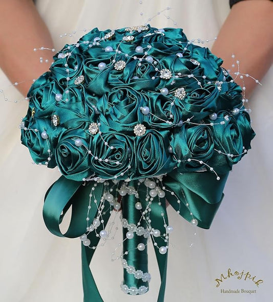 Bridal Wedding Bouquet Round Bling Brooch Bouquet Throw Toss Artificial Rose Flower Bunch for Bride Bridesmaid Wedding Quinceanera(Dark Green, 9.8")