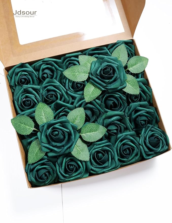 50pcs Artificial Flower,Real Touch Foam Roses w/Stem DIY for Wedding Bouquet Centerpieces Party Shower Home Decor-Green boxpack