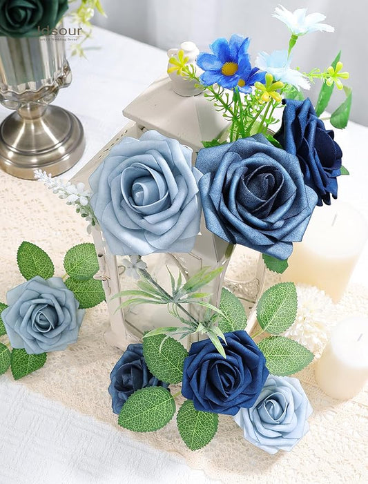 25pcs Artificial Flower,Real Looking Foam Roses w/Stem for DIY Wedding Bouquets Centerpieces Bridal Shower Party Decor-Shades of Navy Blue