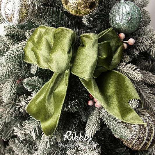 Ribbli Olive Green Velvet Wired Ribbon 4 Inch Velvet with Satin Christmas Ribbon for Gift Wrapping Christmas Tree Decoration Crafts Wreaths Supplies-Continuous 10 Yards