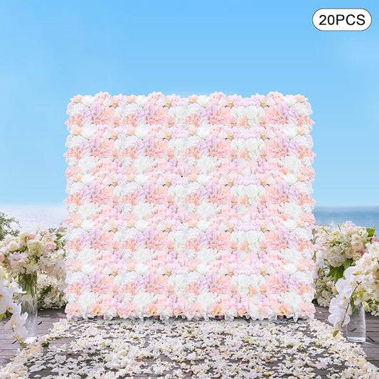 20 Pack Flowers Wall Panels Artificial Flowers Wall Decoration Flower Wall Mat Silk Flower Panels Rose Hydrangea Wall Backdrop for Wedding Party Home Christmas Festival, 24 x 16 inch (B)