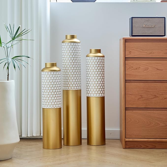 Metal Floor Vases Decorative, Set of 3 Flower Arrangement Stand, Gold&White Hexagon Metal Floor Vases for Living Room, Bedroom & Entryway, 32.6", 28.34", 24" H (Gold&White Hexagon)