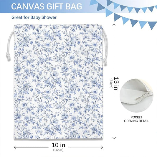 DSHFG Chinoiserie Light Blue Toile Floral Birthday Drawstring Gift Wrap Bags, Chinoiserie Baby Shower Drawstring Gift Bags Canvas, Small Happy Birthday Bag Gifts for Women, 10x13 Inch