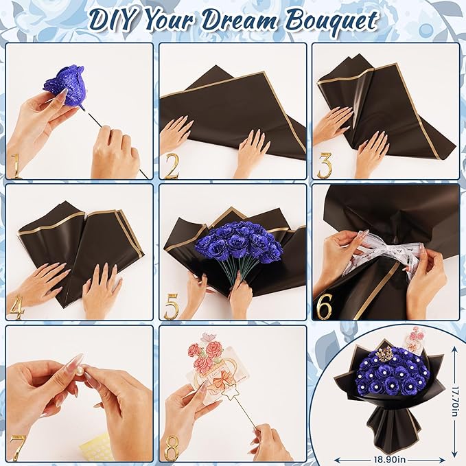 Glitter Roses Bouquet,DIY Fake Glitter Bouquets, Everlasting Shiny Artificial Rose Bouquet with Flower Wrapping Paper Crowns Cards for Mother's Day Graduation Wedding Anniversary(Blue),25 Pcs