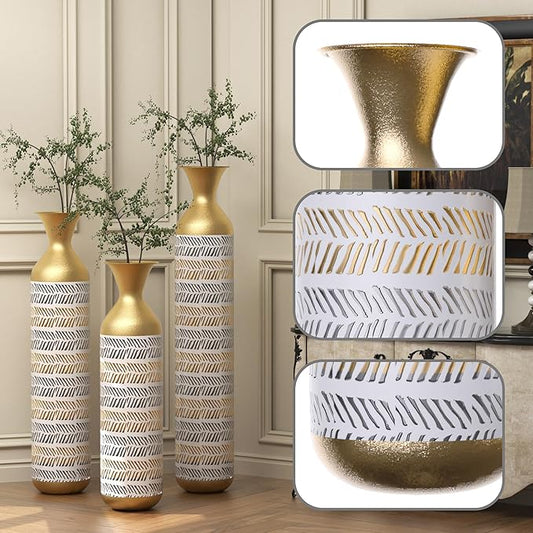 Tall Floor Vase Set of 3 - Large Vintage Modern Oversized Metal Vases for Decor Living Room, Gold Decorative for Corner Hallway