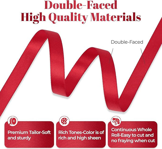 Red Satin Ribbon, Double Faced 3/8 Inch X 25 Yards Red Ribbon, Premium Satin Ribbon for Gift Wrapping, Crafts, Hair Bow Making, Sewing, Flower Bouquet, Wedding Party Decor