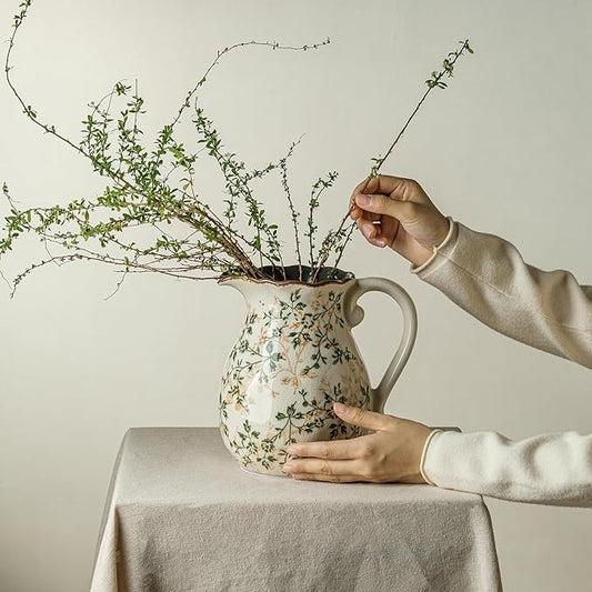 Green and White Vintage Vase with Handle, Chinoiserie Floral Pitcher Vase, Rustic Ceramic Farmhouse Vases for Home Decor, Living Room, Bookshelf, Office, Grand Millennial Decors, Tuscan Decor 7.9 Inch