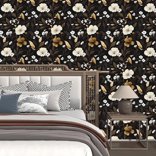 Black Gold Floral Wallpaper Peel and Stick 17.4" X 118" Golden Leaf Small Flower Contact Paper Floral Pattern Removable Self Adhesive Covering for Bedroom Cabinet Bathroom Home Decor Black Dark
