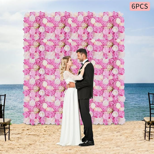 JJIESHENG Flower Wall Panels 3D Flower Wall Backdrop, 6Pcs Artificial Flower Wall Panel Silk Rose Floral Decorative Faux Flower Wall Background for Wedding Home Decoration (White, Pink, 15 * 15in)