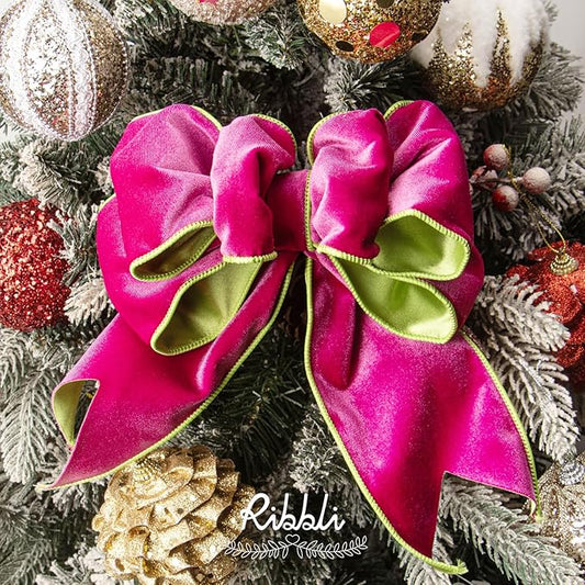 Ribbli Hot Pink Lime Green Velvet Wired Ribbon 4 Inch Velvet with Satin Christmas Ribbon for Gift Wrapping Christmas Tree Decoration Crafts Wreaths Supplies-Continuous 10 Yards