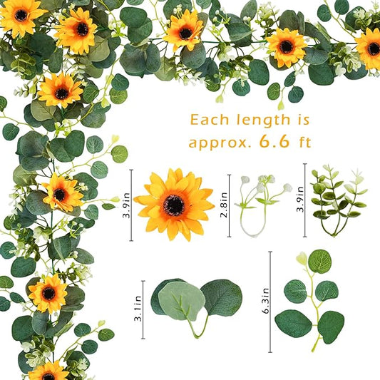 Uieke 2 Pack Artificial Sunflower Garland, 6ft/Strand Silk Sunflowers Hanging Vines Flowers Garland with Green Leaves for Room Kitchen Garden Birthday Wedding Baby Shower Party Table Decor