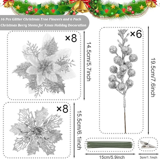 Sawowkuya 22 Pcs Silver Christmas Poinsettia Artificial Flowers and Glitter Berries Stems Kit, Christmas Poinsettias Decorations and Christmas Tree Ornaments for Xmas Home Wedding Holiday Tree Decor