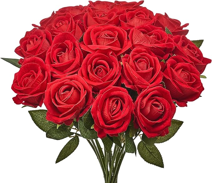 VEVOR Artificial Flowers, 60 pcs Real Looking Red Foam Fake Roses Bulk, Faux Red Bridal Shower with Stems for DIY Wedding Bouquets, Home Centerpieces Arrangements, Party Tables Decorations