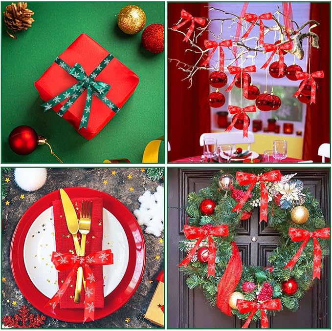 Christmas Ribbons, DECYOOL 4 Rolls 100 Yards Christmas Snowflake Ribbons for Gift Wrapping, 15mm Wide Red and Green Satin Ribbon for Festival Holiday Party Decorations DIY Crafts