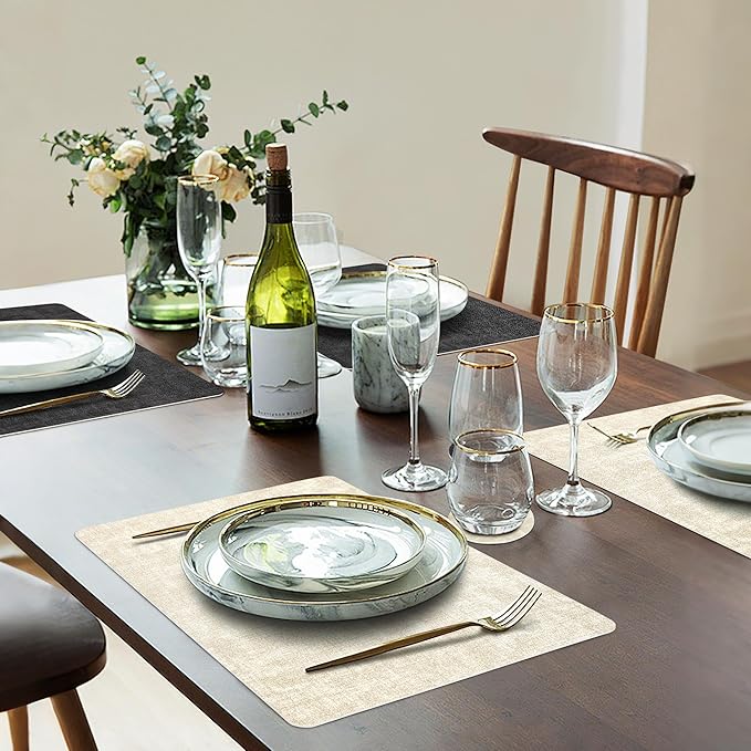 Placemats Set of 4, Faux Leather Heat Resistant Wipeable Placemats, Dual Sided Waterproof Oilproof Washable Table Mats with Coaster, Suitable for Kitchen, Dining, Table Decor (4, Black Beige)