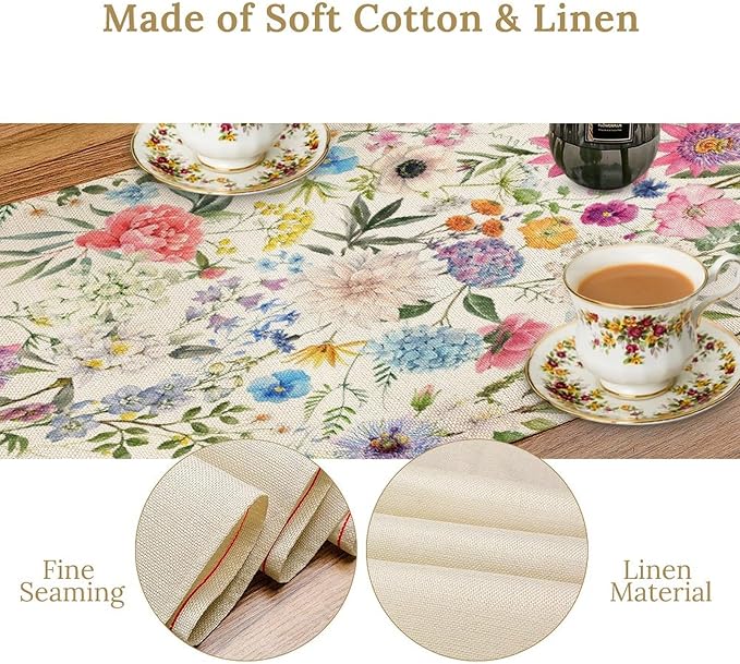 Floral Table Runner Watercolor Peony Rose Flower Kitchen Table Decoration for Indoor and Outdoor Wedding Party 13x36 Inch