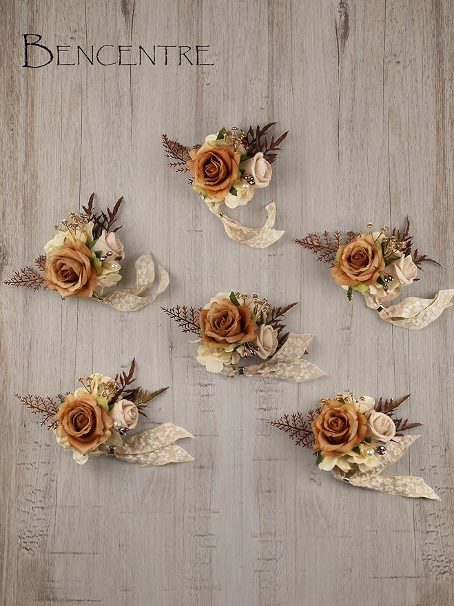 Walnut Brown Corsage for Wedding(Set of 6),Wrist Corsage,Corsage for Prom,Boho Wedding,Party Prom Hand Flower Decor,Mother of The Bride Corsage,Bridesmaid Wrist Corsage
