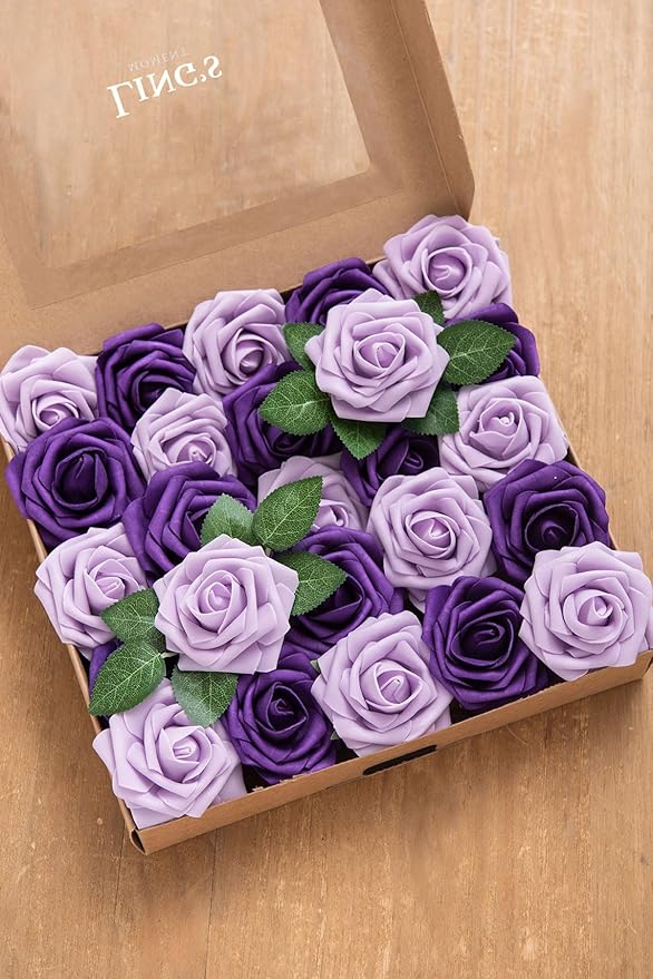 Ling’s Moment Artificial Flowers 25Pcs Purple Roses Decor w/Stems,3" Real Touch DIY Foam Floral for Wedding Bouquet/Centerpieces, Outdoors Party Backdrop, Room/Table, and Garden/Pot Decorations (2023)