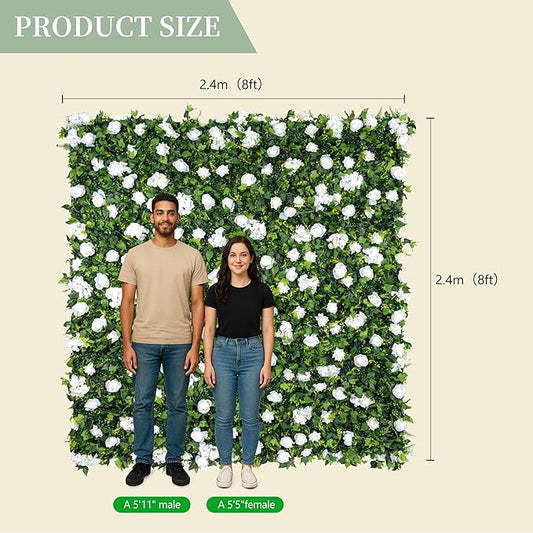 Large Size 8×8 Ft 3D Artificial Flower Wall Panels, Quick Assembly Storage White Floral Greenery Fake Backdrop Fence Screen for Wedding Baby Show Birthday Party Indoor Outdoor Garden Home Decor