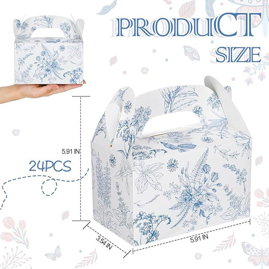 Dunzoom 24 Pack Blue Floral Paper Gift Boxes Party Favor Gift Gable Boxes with Chinoiserie Floral Printed Candy Treat Box for Wedding Birthday Tea Bridal Shower Party