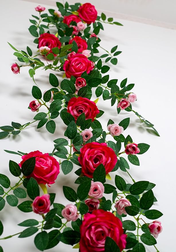 6FT Bendable Flower Garland, Artificial Rose Vine Hanging Floral Garland Decoration for Weding Home Room Wall Decor (Fushia, 2pcs)
